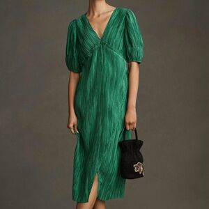 By Anthropologie Green Pleated Midi Dress